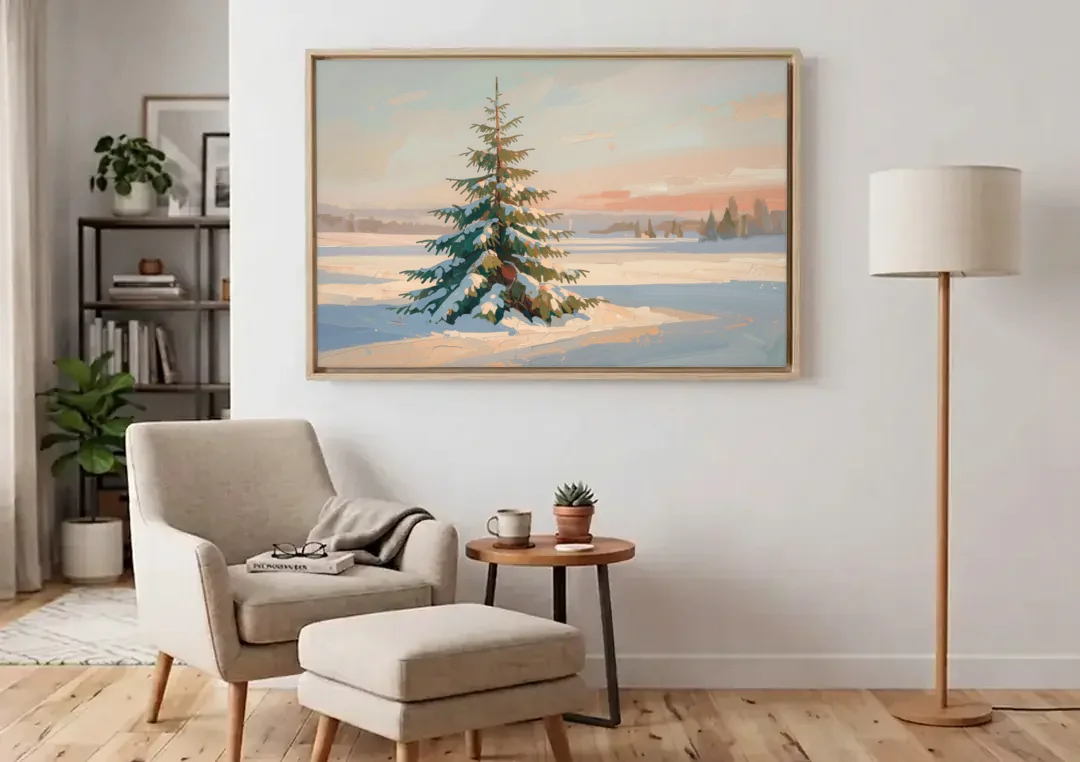 Evergreen Tree Painting of a Lone Snowy Fir canvas wall art above an armchair in a bright living room