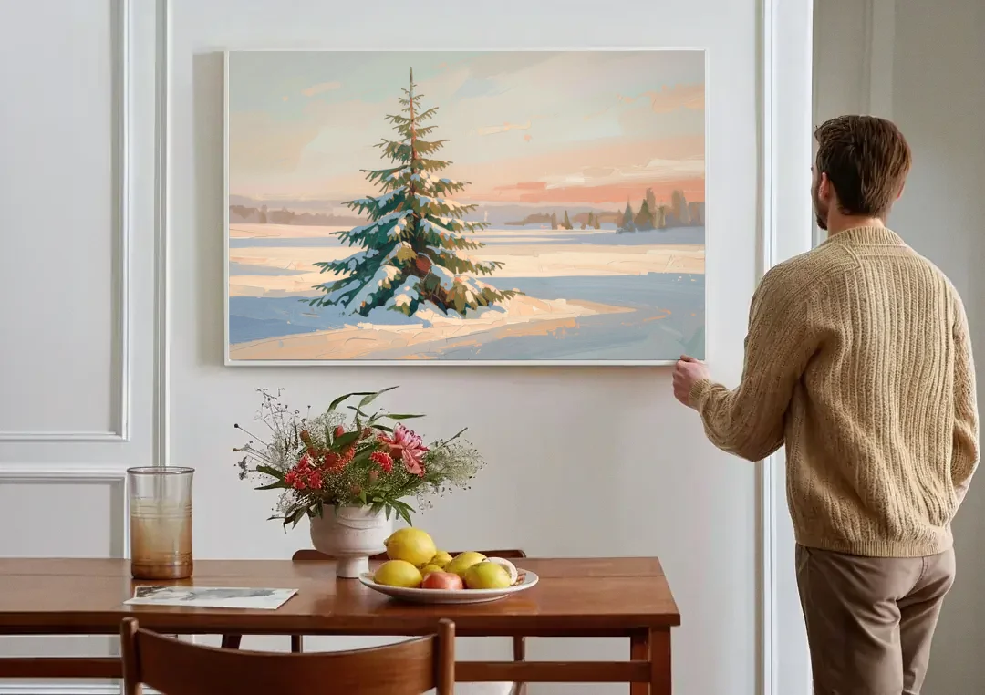 Evergreen Tree Painting of a Lone Snowy Fir canvas wall art above a dining table