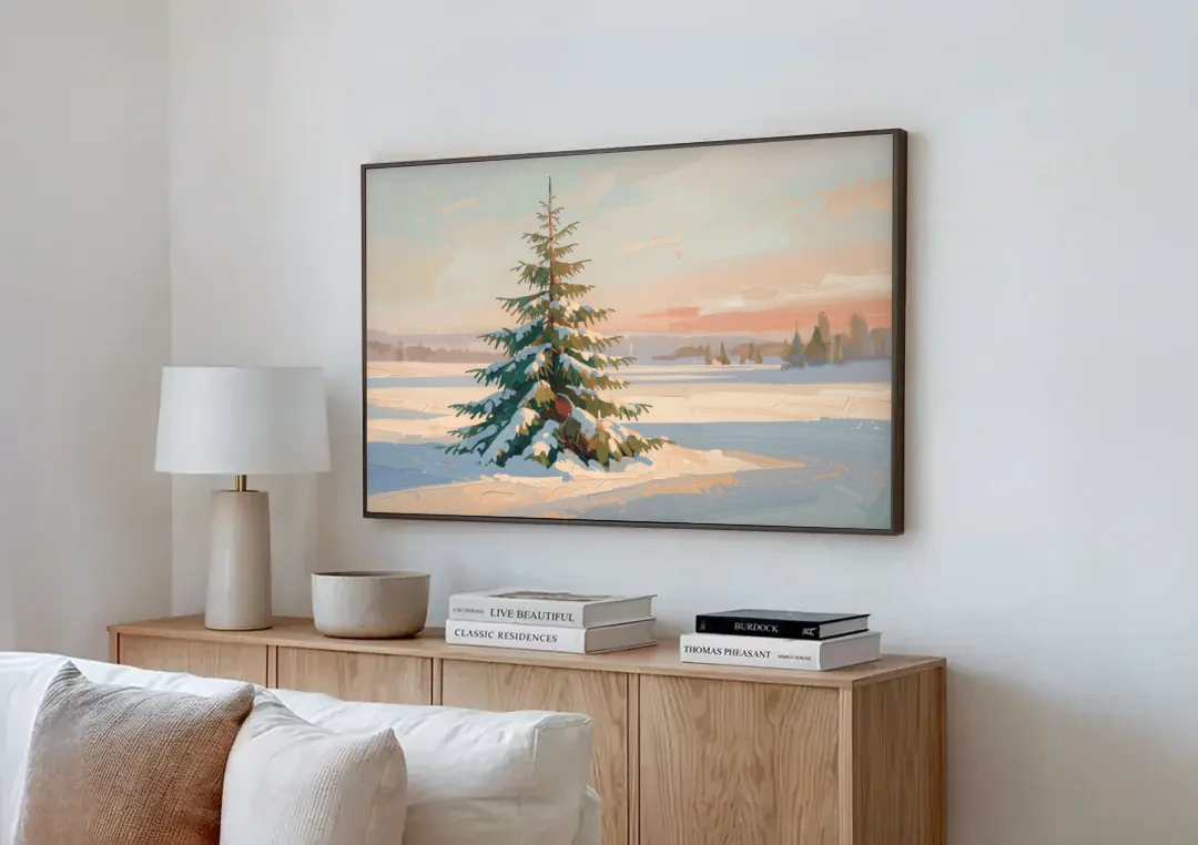 Evergreen Tree Painting of a Lone Snowy Fir canvas wall art above a wooden sideboard next to a sofa