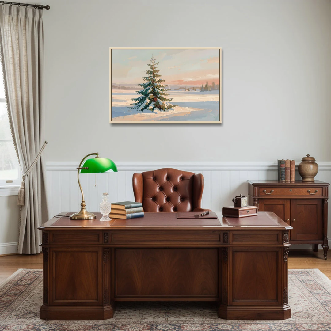 Evergreen Tree Painting of a Lone Snowy Fir - Oak Framed Canvas Wall Art - Office - 36x24