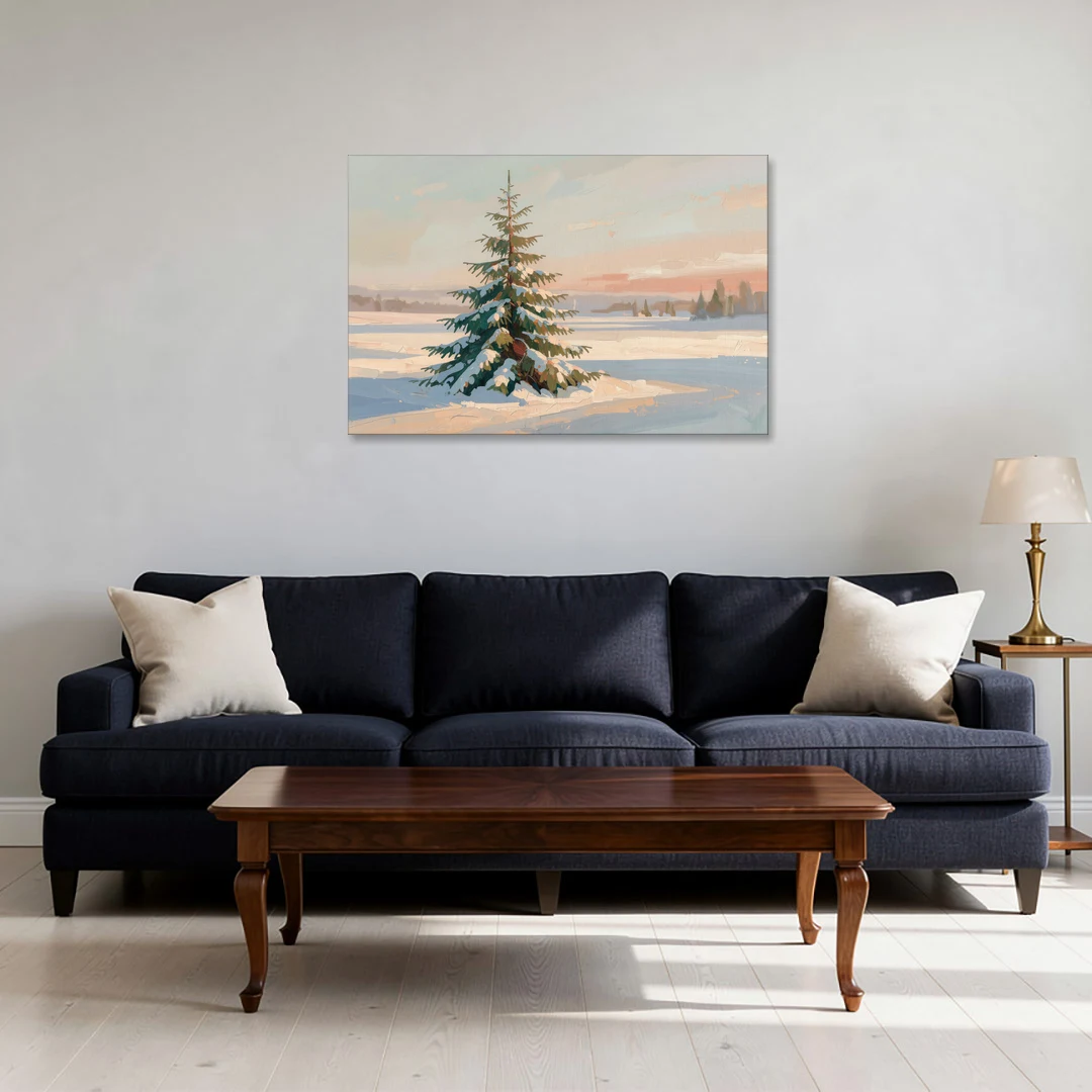 Evergreen Tree Painting of a Lone Snowy Fir - Canvas Wall Art - Sofa - 36x24