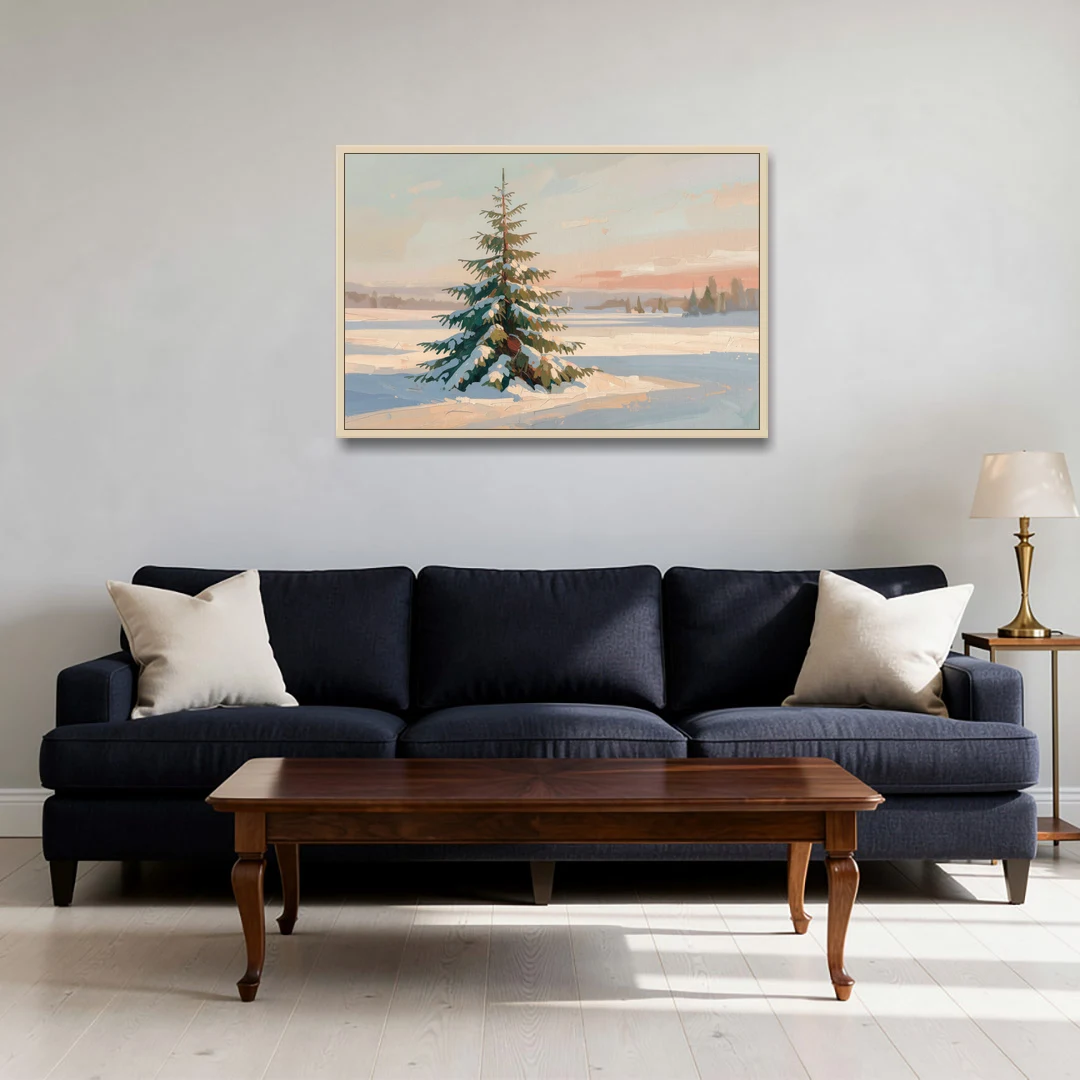 Evergreen Tree Painting of a Lone Snowy Fir - Oak Framed Canvas Wall Art - Sofa - 36x24