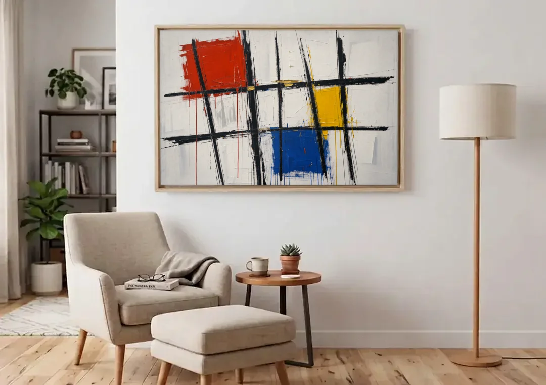 Executive Office Decor with Primary Color Grid canvas wall art above an armchair in a bright living room