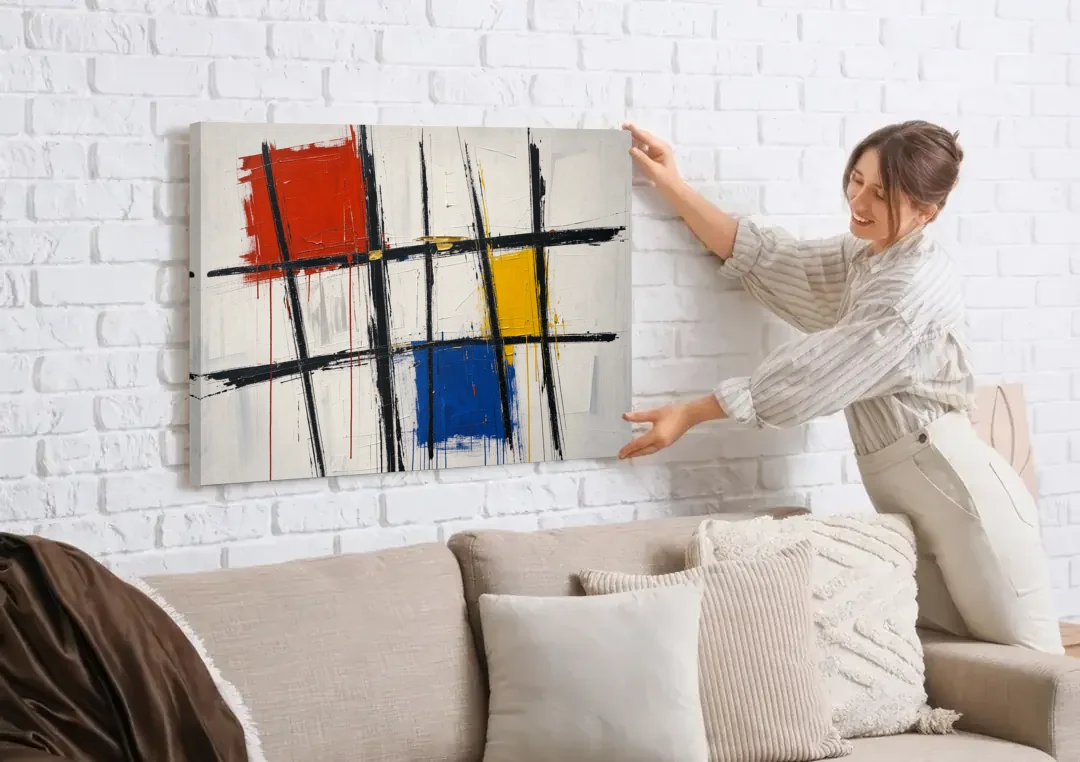 Executive Office Decor with Primary Color Grid canvas wall art being hung on a white brick wall above a sofa
