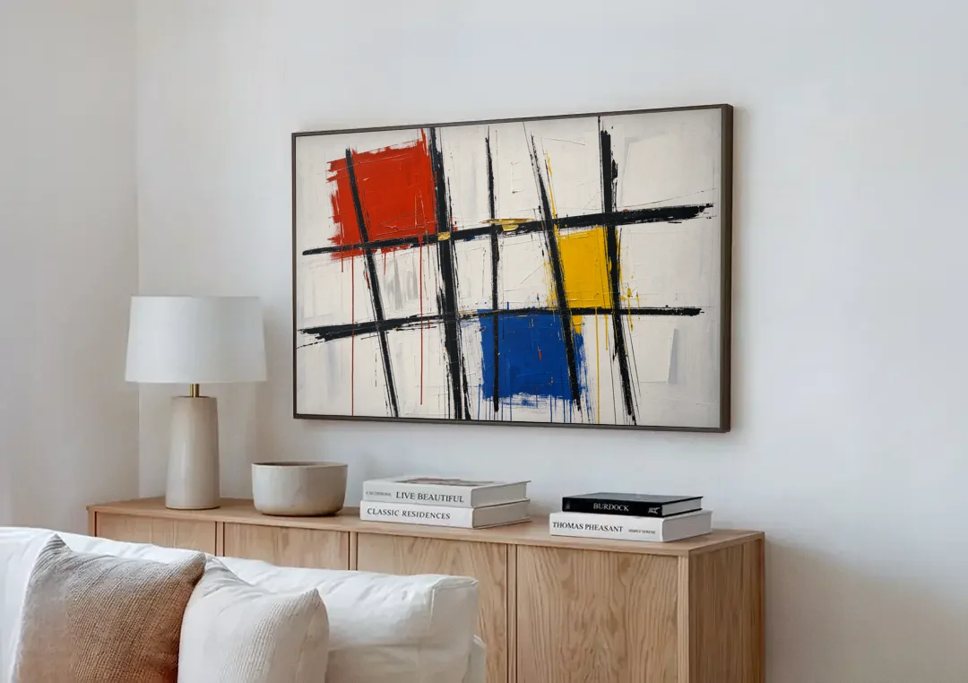 Executive Office Decor with Primary Color Grid canvas wall art above a wooden sideboard next to a sofa