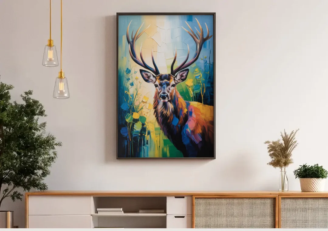 Expressive Deer Sketch canvas wall art above a wooden sideboard under pendant lights