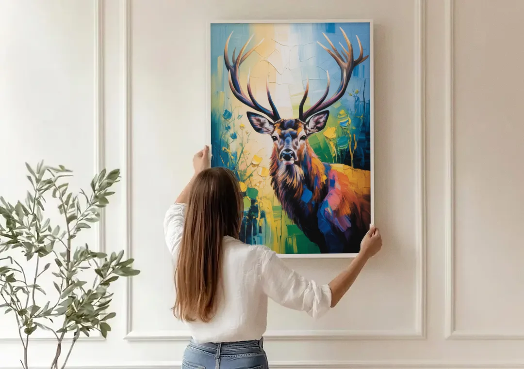Expressive Deer Sketch canvas wall art being hung on a paneled wall
