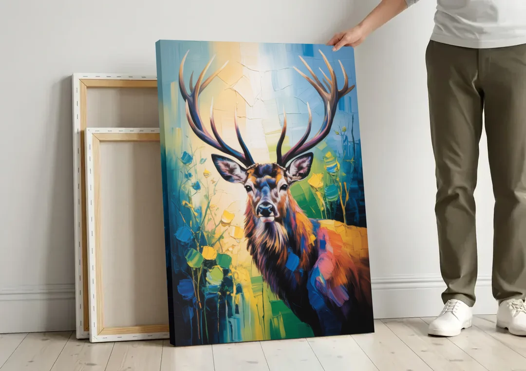 Expressive Deer Sketch canvas wall art leaning against a wall next to blank canvases
