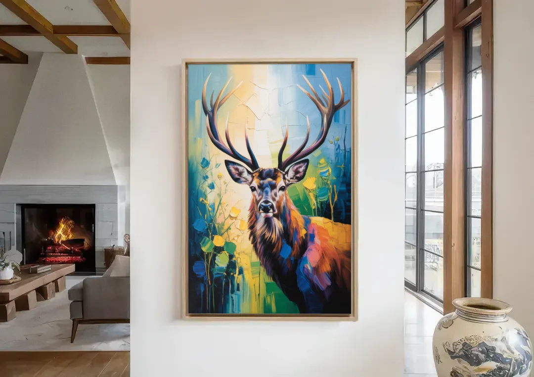 Expressive Deer Sketch canvas wall art in a living room with a fireplace
