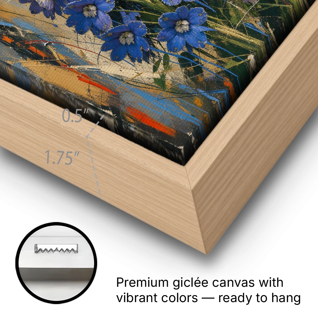 Expressive Flower Painting of Delphinium Spires - Oak Framed Canvas Wall Art - Gallery Wrap Corner