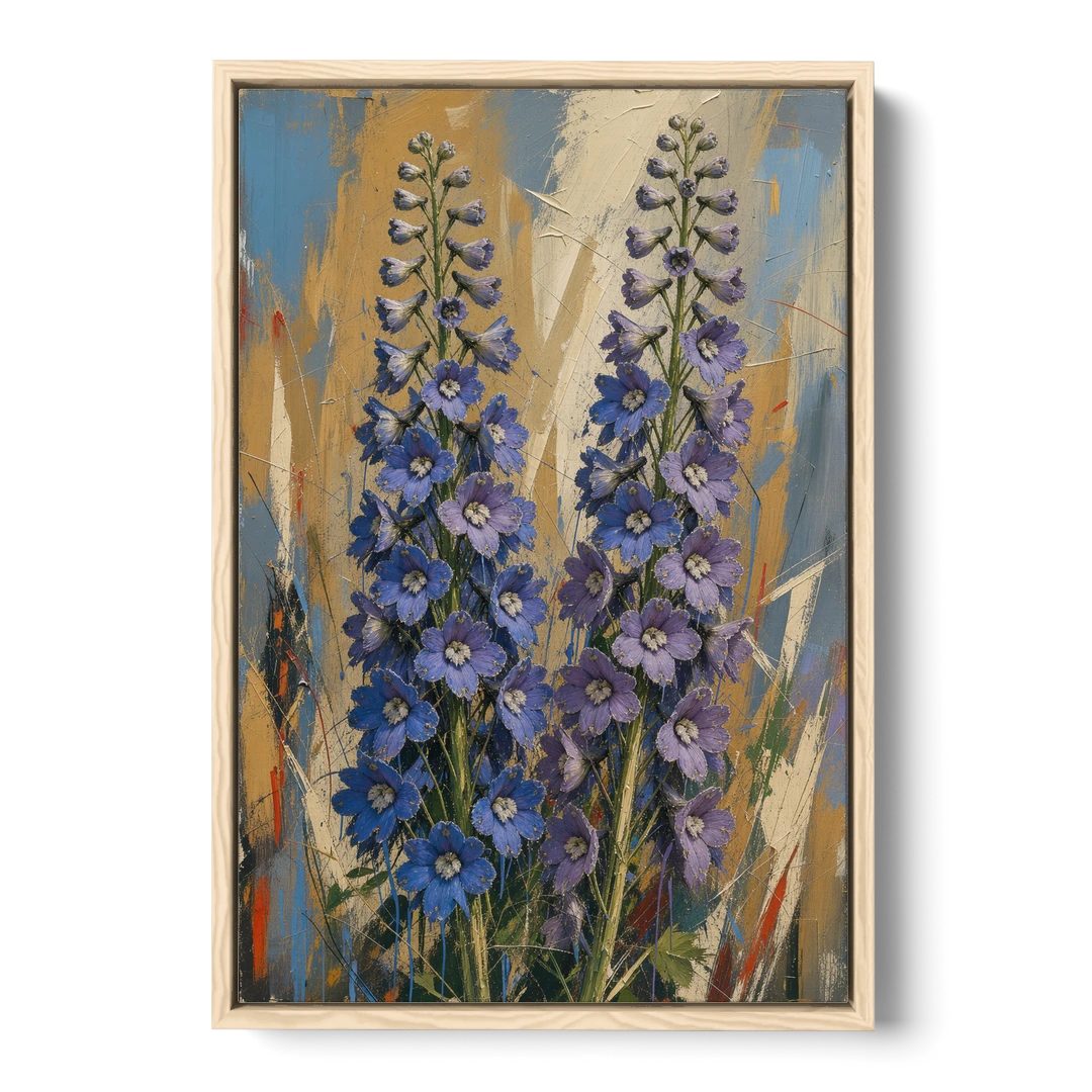 Expressive Flower Painting of Delphinium Spires - Oak Framed Canvas Wall Art - Front