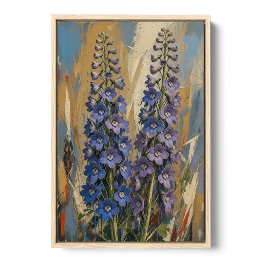 Expressive Flower Painting of Delphinium Spires - Oak Framed Canvas Wall Art - Front