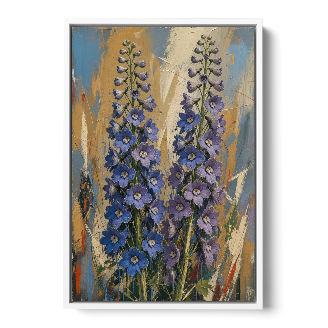 Expressive Flower Painting of Delphinium Spires - White Framed Canvas Wall Art - Front