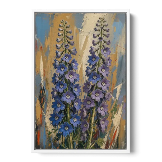 Expressive Flower Painting of Delphinium Spires - White Framed Canvas Wall Art - Front