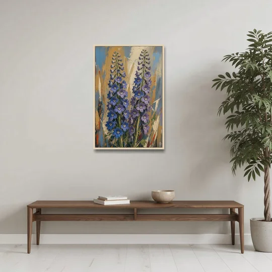 Expressive Flower Painting of Delphinium Spires - Oak Framed Canvas Wall Art - Coffee Table - 24x36