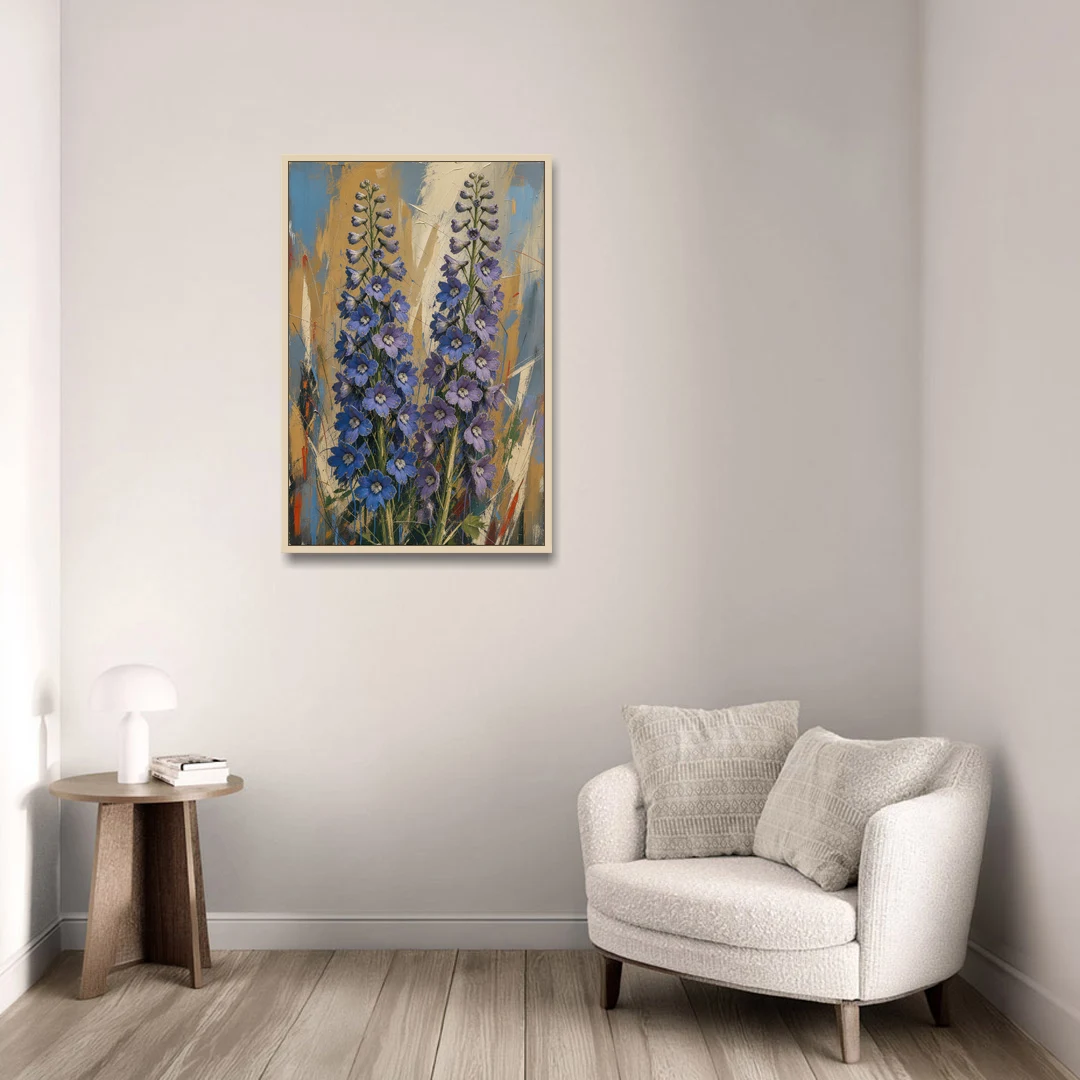 Expressive Flower Painting of Delphinium Spires - Oak Framed Canvas Wall Art - Sofa - 24x36