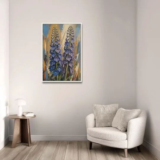 Expressive Flower Painting of Delphinium Spires - White Framed Canvas Wall Art - Sofa - 24x36