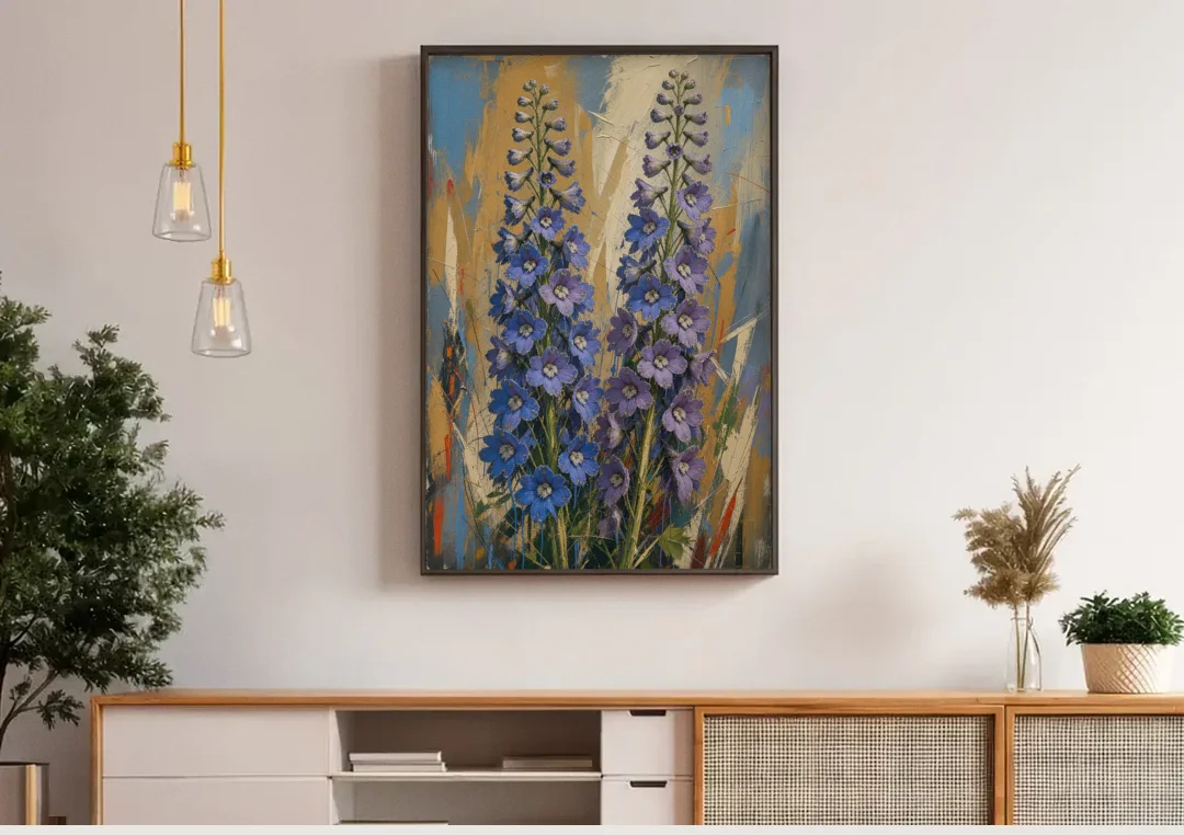 Expressive Flower Painting of Delphinium Spires canvas wall art above a wooden sideboard under pendant lights