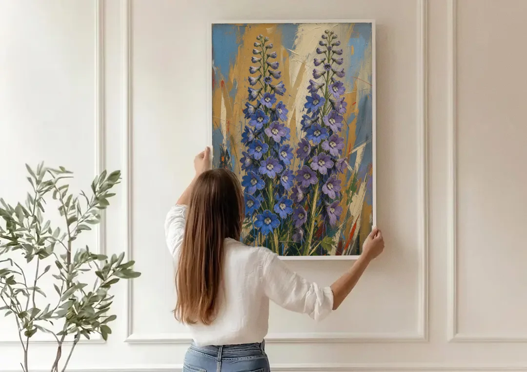 Expressive Flower Painting of Delphinium Spires canvas wall art being hung on a paneled wall