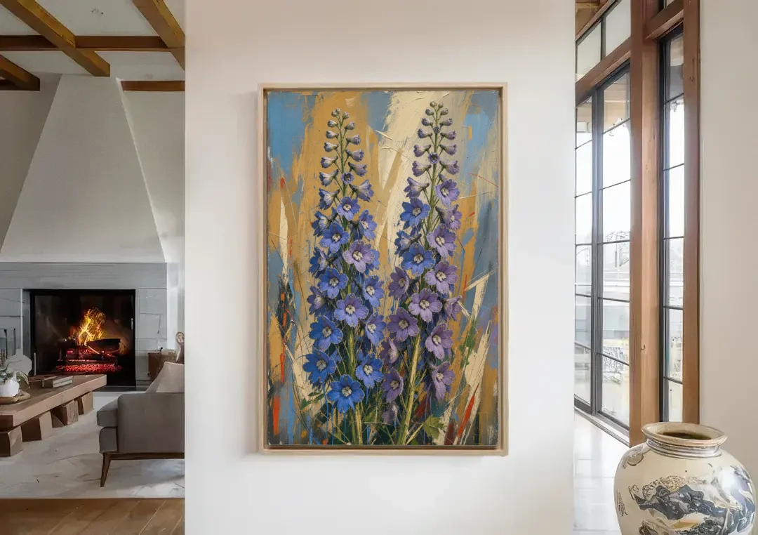 Expressive Flower Painting of Delphinium Spires canvas wall art in a living room with a fireplace