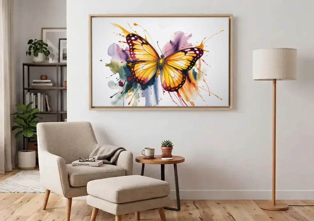 Exquisite Butterfly Sculpture canvas wall art above an armchair in a bright living room