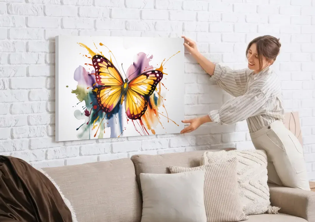 Exquisite Butterfly Sculpture canvas wall art being hung on a white brick wall above a sofa