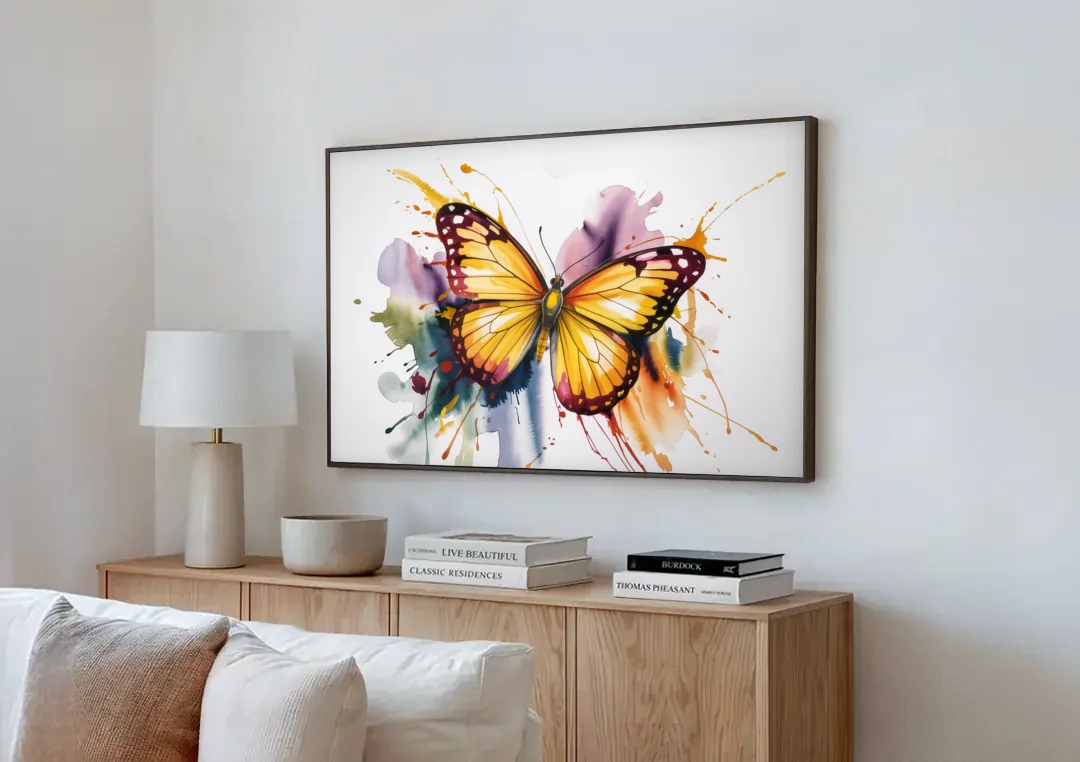 Exquisite Butterfly Sculpture canvas wall art above a wooden sideboard next to a sofa