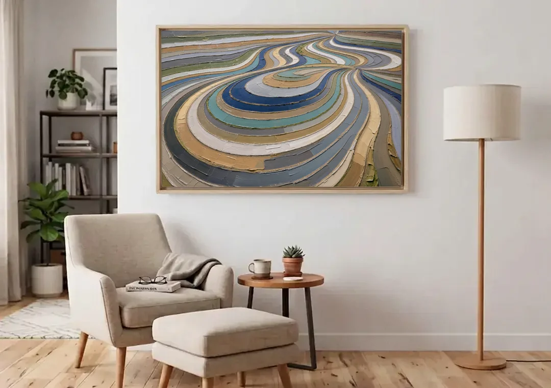 Extra Large Abstract Wall Art of Curving Hillside Terraces canvas wall art above an armchair in a bright living room