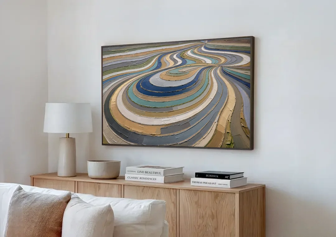 Extra Large Abstract Wall Art of Curving Hillside Terraces canvas wall art above a wooden sideboard next to a sofa