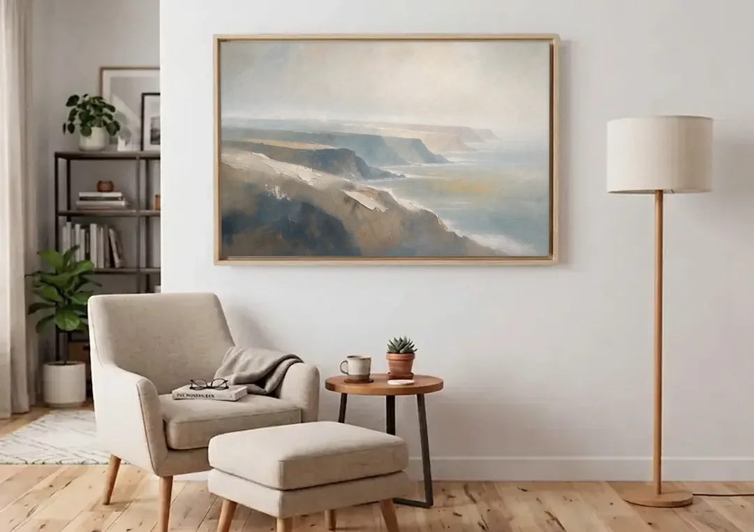 Extra Large Canvas Wall Art of Misty Headlands canvas wall art above an armchair in a bright living room