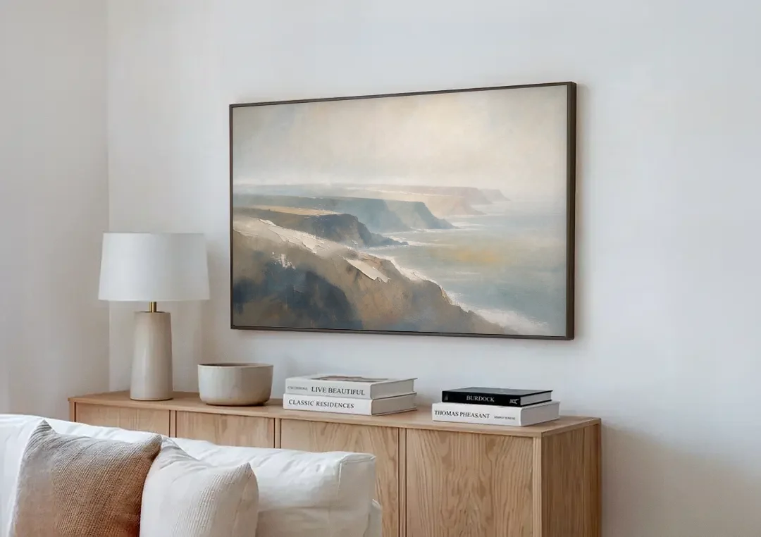 Extra Large Canvas Wall Art of Misty Headlands canvas wall art above a wooden sideboard next to a sofa