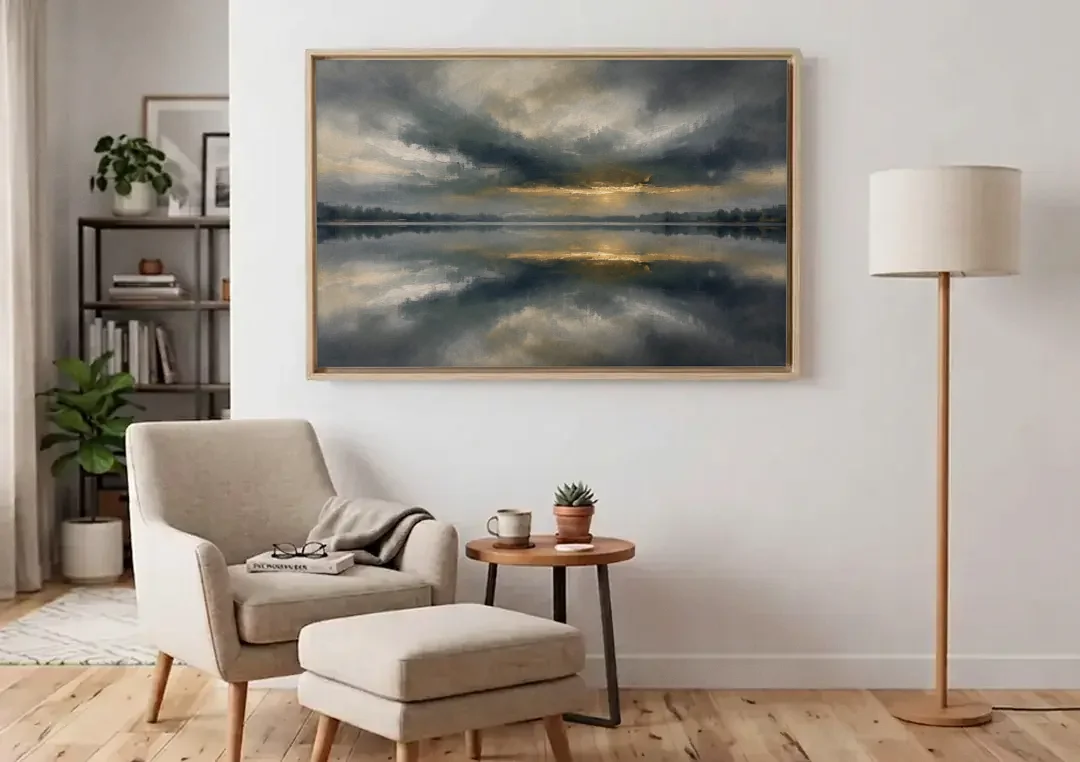 Extra Large Wall Art of a Gilded Stormy Lake canvas wall art above an armchair in a bright living room