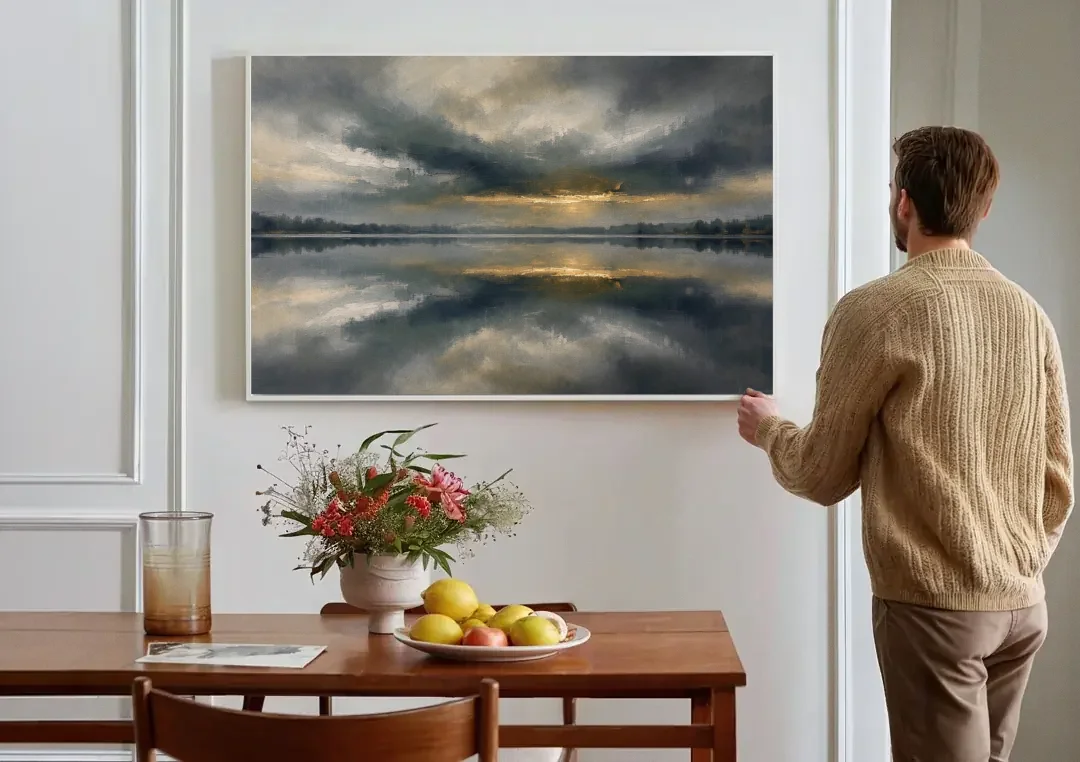 Extra Large Wall Art of a Gilded Stormy Lake canvas wall art above a dining table