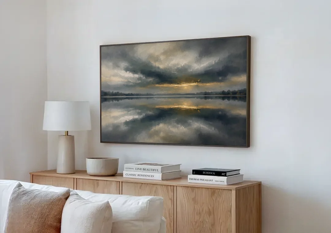 Extra Large Wall Art of a Gilded Stormy Lake canvas wall art above a wooden sideboard next to a sofa