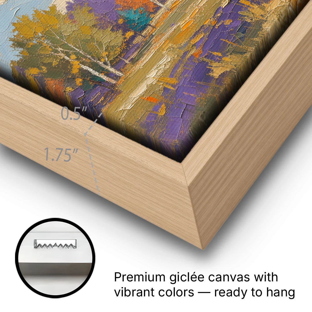 Fall Landscape Painting of a Blazing Maple - Oak Framed Canvas Wall Art - Gallery Wrap Corner