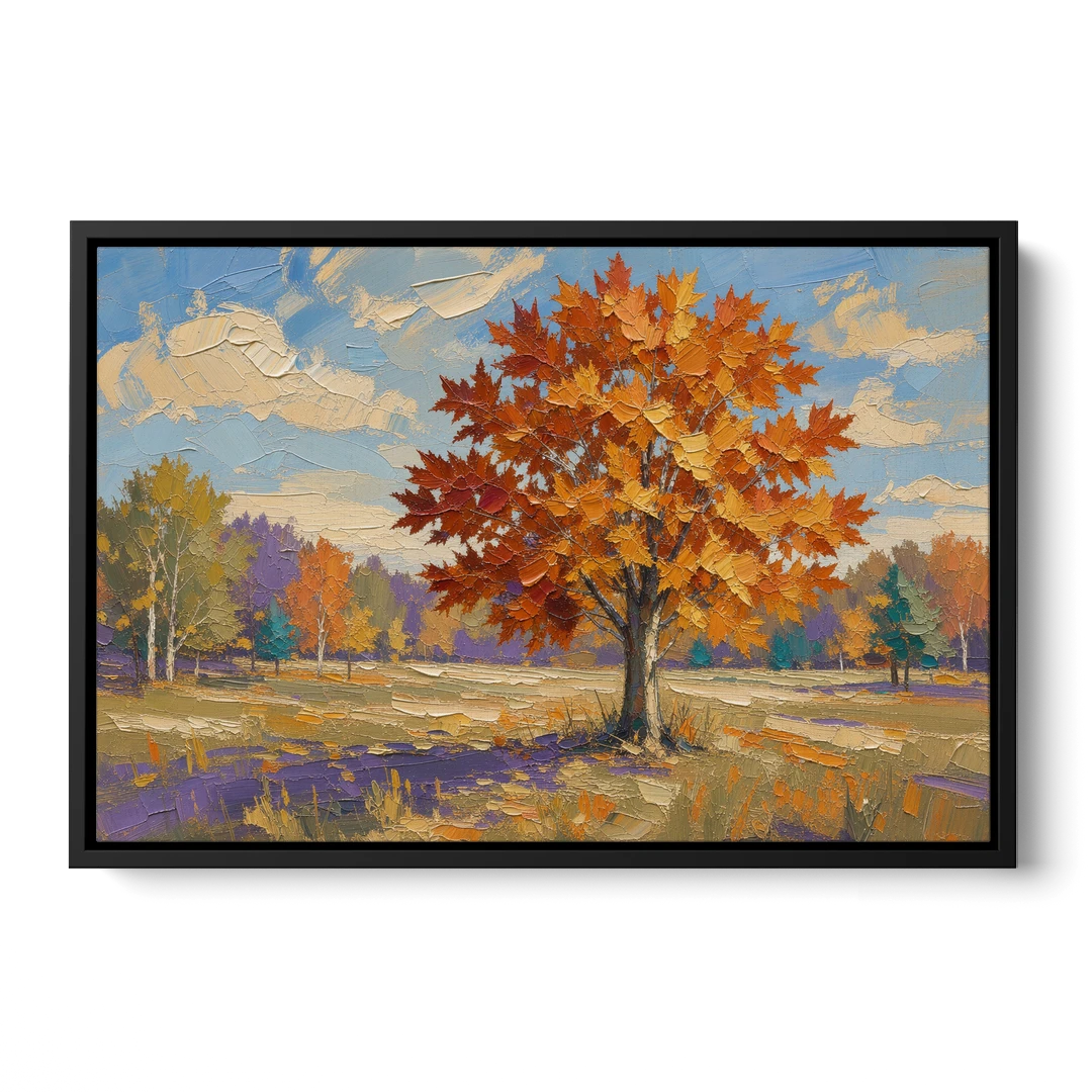Fall Landscape Painting of a Blazing Maple - Black Framed Canvas Wall Art - Front