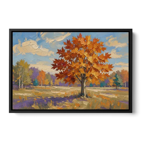 Fall Landscape Painting of a Blazing Maple - Black Framed Canvas Wall Art - Front
