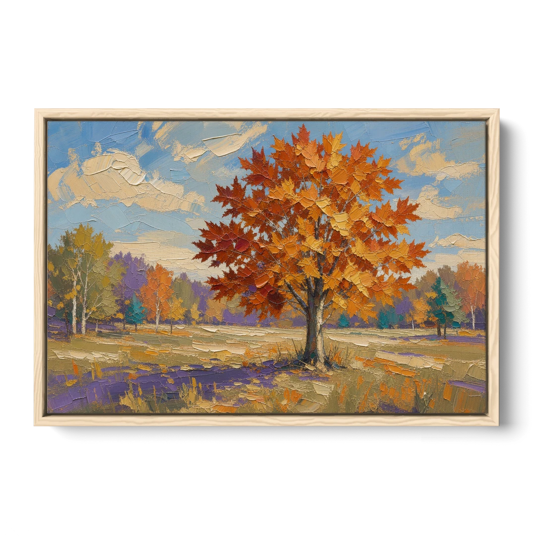 Fall Landscape Painting of a Blazing Maple - Oak Framed Canvas Wall Art - Front