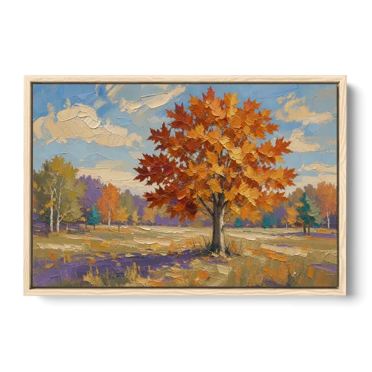 Fall Landscape Painting of a Blazing Maple - Oak Framed Canvas Wall Art - Front