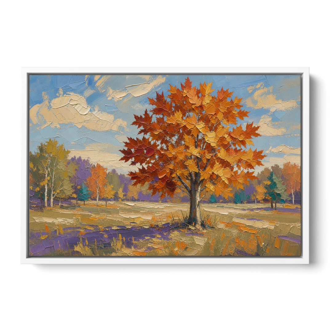 Fall Landscape Painting of a Blazing Maple - White Framed Canvas Wall Art - Front
