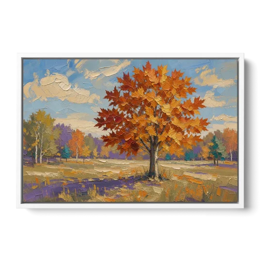 Fall Landscape Painting of a Blazing Maple - White Framed Canvas Wall Art - Front