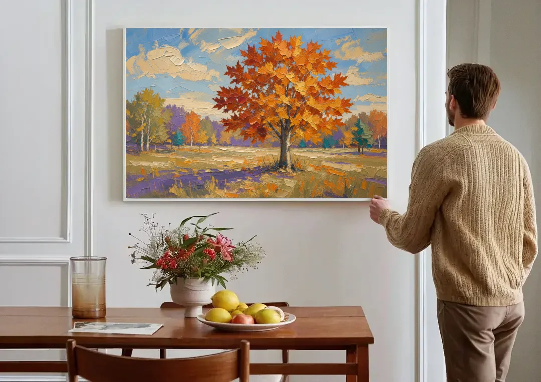 Fall Landscape Painting of a Blazing Maple canvas wall art above a dining table