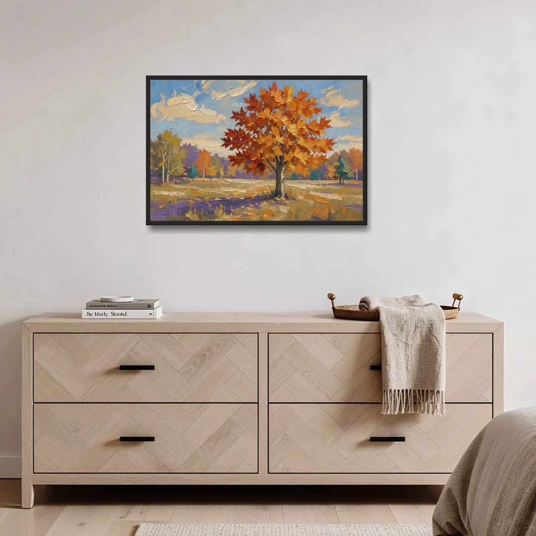 Fall Landscape Painting of a Blazing Maple - Black Framed Canvas Wall Art - Coffee Table - 36x24