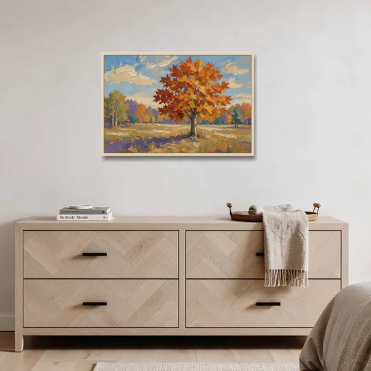 Fall Landscape Painting of a Blazing Maple - Oak Framed Canvas Wall Art - Coffee Table - 36x24