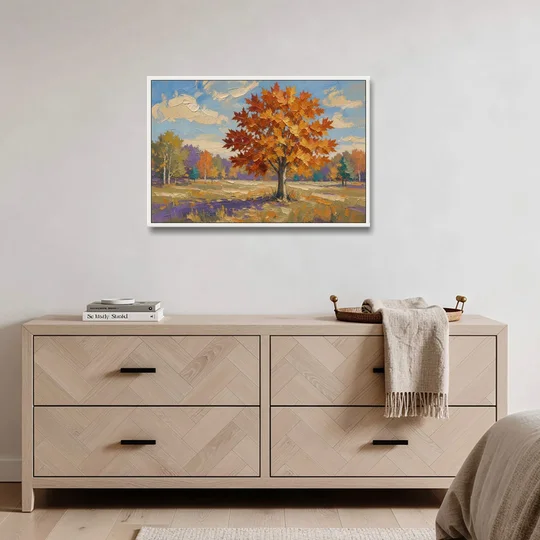 Fall Landscape Painting of a Blazing Maple - White Framed Canvas Wall Art - Coffee Table - 36x24