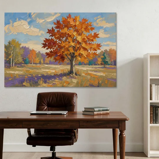Fall Landscape Painting of a Blazing Maple - Canvas Wall Art - Office - 60x40