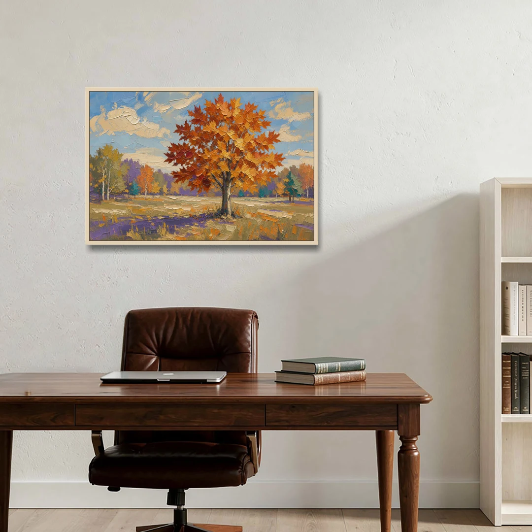 Fall Landscape Painting of a Blazing Maple - Oak Framed Canvas Wall Art - Office - 36x24