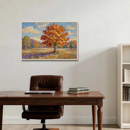 Fall Landscape Painting of a Blazing Maple - Oak Framed Canvas Wall Art - Office - 36x24