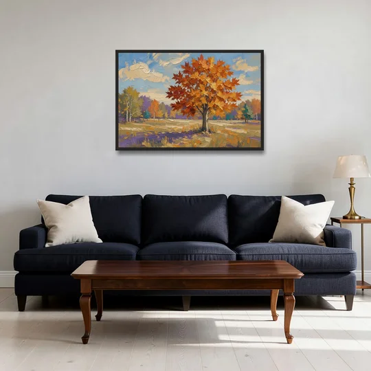 Fall Landscape Painting of a Blazing Maple - Black Framed Canvas Wall Art - Sofa - 36x24