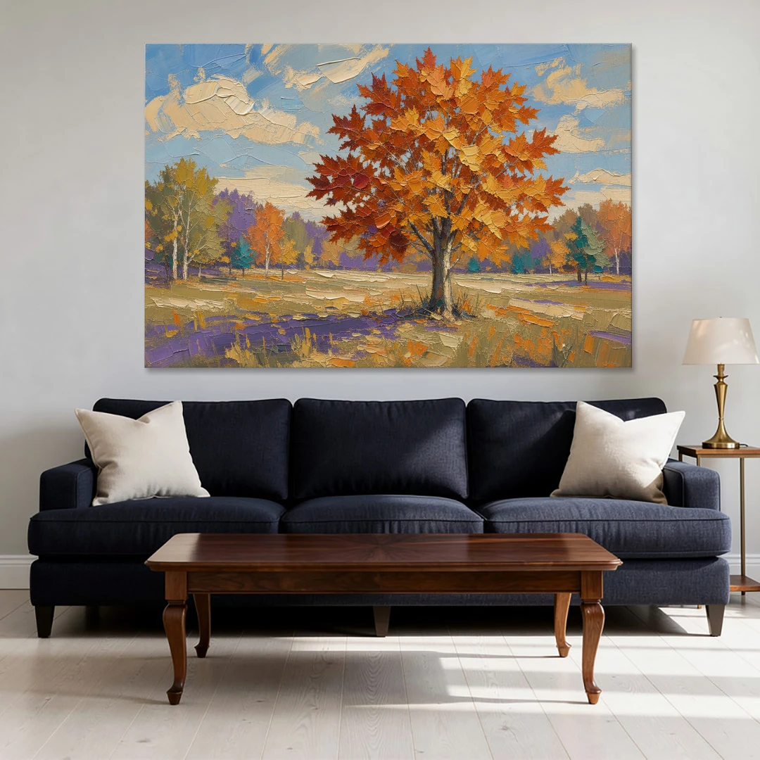 Fall Landscape Painting of a Blazing Maple - Canvas Wall Art - Sofa - 60x40